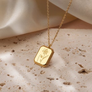 18K Gold Filled Square Birth Flower Necklace - Birth Month Flower - Vintage Flower Necklace - Birthday Necklace - Personalized Gifts for Her