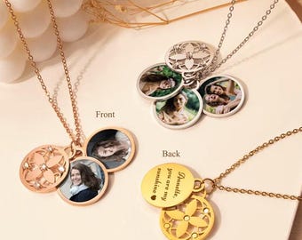 Christmas Gifts For Her - Custom Photo Necklace with Four-leaf Clover Pendant - Personalized Engraved Necklace - Custom Birthday Gifts