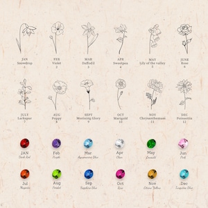 Puede incluir: Un gr&aacute;fico con doce ilustraciones de flores que representan cada mes del a&ntilde;o. Cada flor est&aacute; etiquetada con su nombre y su mes. Debajo de las flores hay doce piedras preciosas de colores, cada una representando un mes.