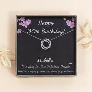 May include: A black gift box with a silver necklace featuring a ring design. The box has a pink floral pattern and the text "Happy 30th Birthday!" and "Isabella One Ring for One Fabulous Decade" with a small pink heart. The text "Here's to a happy 30 years, and cheers to 30 and more." is also included.