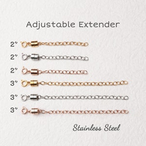 May include: Six adjustable extender chains in gold, silver, and rose gold. The chains are 2 inches and 3 inches long. The text "Adjustable Extender" and "Stainless Steel" is visible in the image.