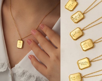Vintage Birth Flower Necklace - Gold Floral Necklace - Square Birth Flower Pendant - Personalized Birthday Gift - Birth Month Gifts for Her