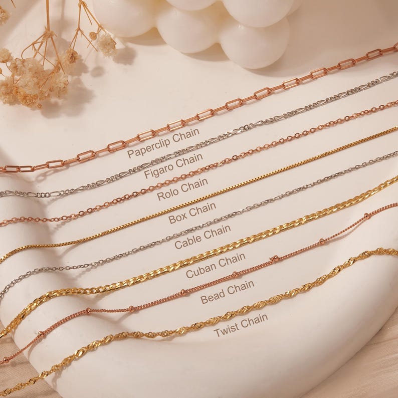 May include: A close-up of ten different types of gold chains, including paperclip, figaro, rolo, box, cable, cuban, bead, and twist chains. Each chain is labeled with its name.