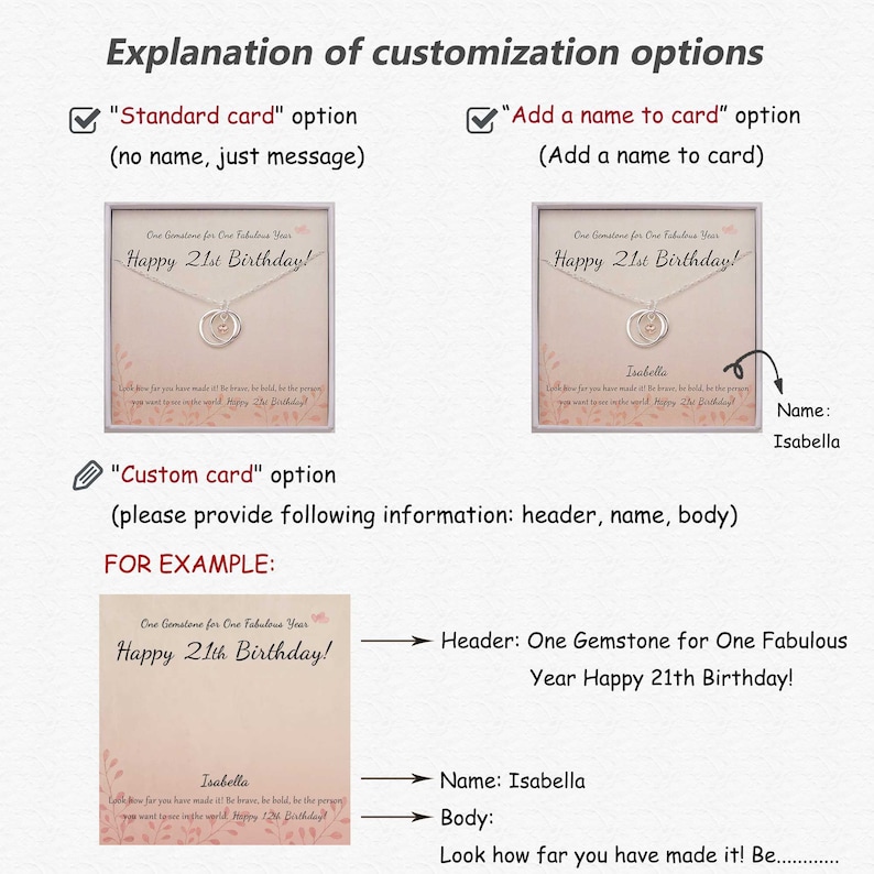 May include: A graphic showing three different options for customizing a birthday card. The first option is a standard card with no name, the second option is a card with a name added, and the third option is a custom card where you can add a header, name, and body text. The example shows a card with the header "One Gemstone for One Fabulous Year", the name "Isabella", and the body text "Look how far you have made it! Be..."