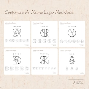 May include: Six different name logo designs for necklaces. Each design features a unique combination of letters, with the name written below the logo. The names are Jasmine, Chris, Gloria, Daisy, Kristina, and Sam.