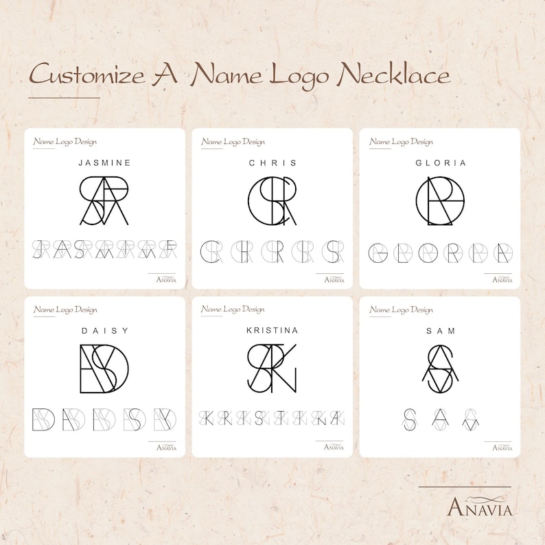 May include: Six different name logo designs for necklaces. Each design features a unique combination of letters, with the name written below the logo. The names are Jasmine, Chris, Gloria, Daisy, Kristina, and Sam.