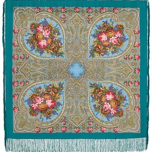 NEW WITH TAGS! Authentic Original Pavlovo Posad Shawl 100% wool scarf 125cm, 49&quot;. Silk fringes,1471-11.