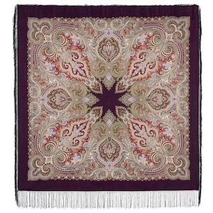 NEW WITH TAGS! Authentic Original Pavlovo Posad Shawl 100% wool scarf 125cm, 49&quot;. Silk fringes,715-7