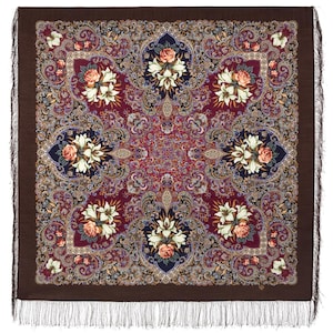 NEW WITH TAGS! Authentic Original Pavlovo Posad Shawl 100% wool scarf 125cm, 49&quot;. Silk fringes,1862-16.