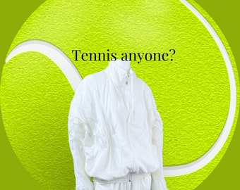 Survêtement de tennis vintage Tenniscore en nylon blanc pantalon et veste sport assortis ensemble taille 14 des années 1980