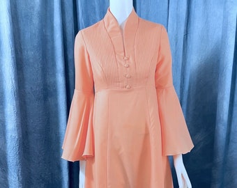 Robe longue orange abricot vintage des années 1970 manches cloche cocktail taille 10-12