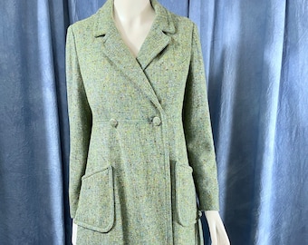 Manteau bleu vert vintage des années 1960 croisé, costume pour femme avec poches