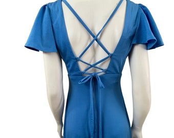 Vintage 1970's Dress Maxi Length Blue Jersey Backless Strappy With Butterfly Sleeves