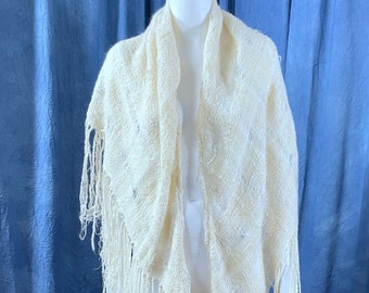 Vintage 1960's Shawl Cream Hand Woven Wool Fringed Scarf Wrap