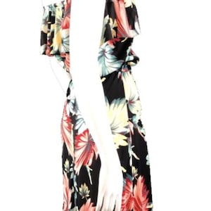 Vintage 1980s Sz 14 Tropical Strapless Dress Asymmetric Frill Hem Stretch Jersey