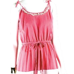 May include: A pink and white sundress with a tiered skirt. The dress features a tie at the waist and delicate lace trim. The straps are tied at the shoulders. The dress is approximately 36 inches long.