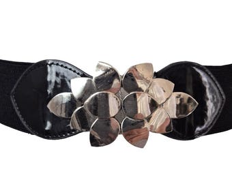 Vintage Belt Black Wide Stretch Elastic Waist Silver Flower 