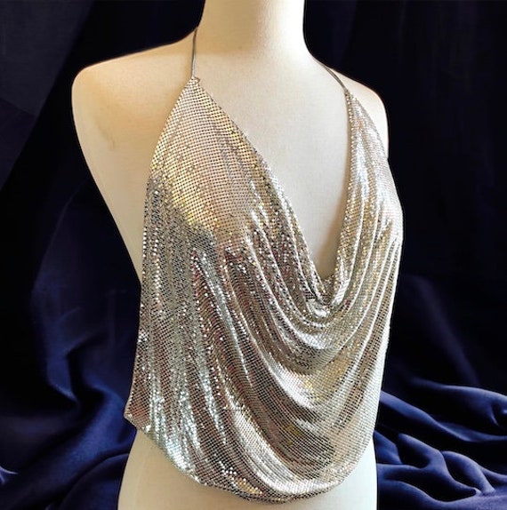 Vintage Whiting & Davis Silver Mesh Halter Disco … - image 1