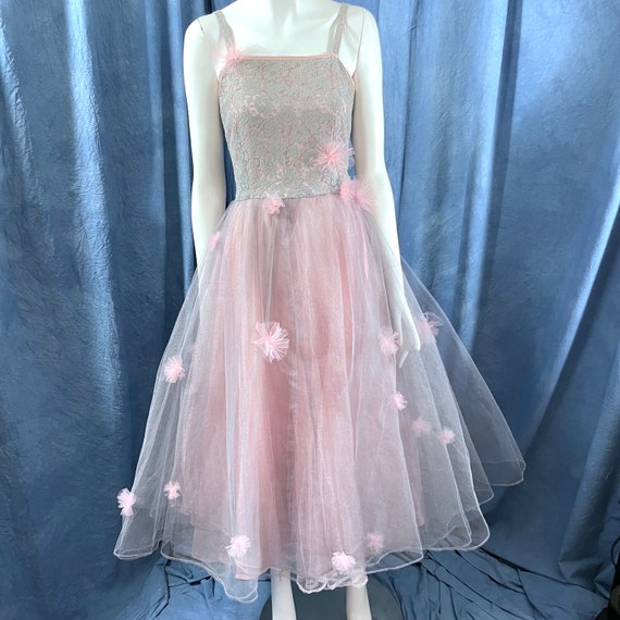 Vintage 1950's Dress Prom Fit And Flare pink And … - image 4