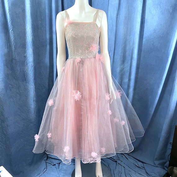 Vintage 1950's Dress Prom Fit And Flare pink And … - image 1