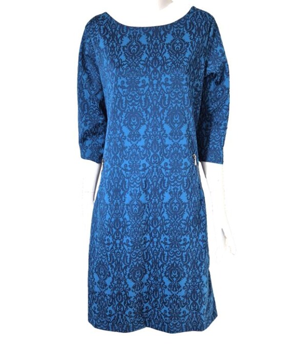 Vintage Dress 1960's Blue Winter 3/4 Sleeves Women's Shift Pockets Size 12