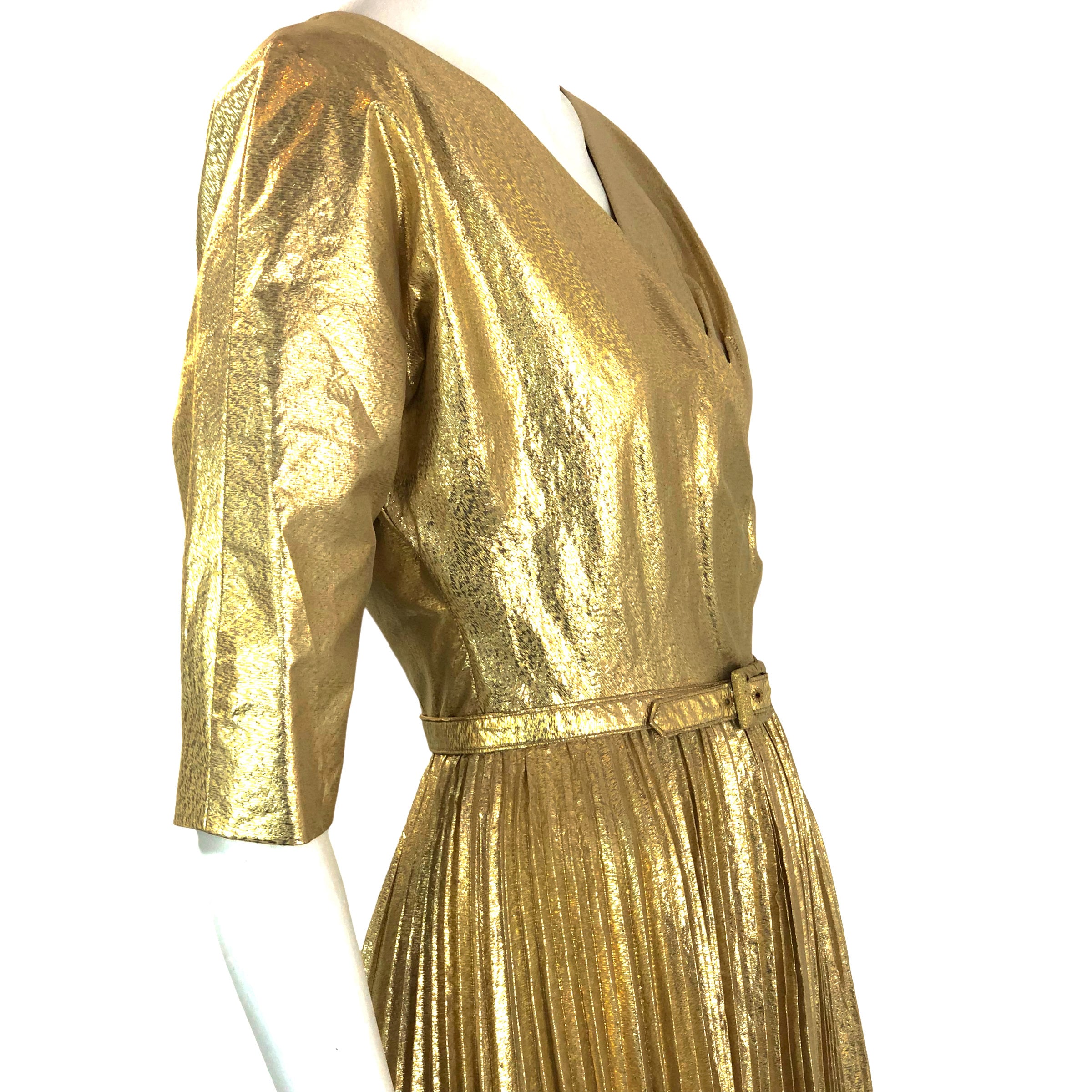 Vintage Dress 1940's Gold Lame Justin McCarthy Designer Size 6 Sunray Pleats