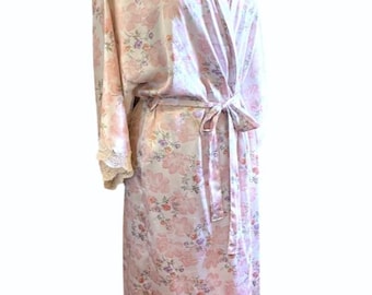 Vintage Bath Robe Pink 1990's Kimono Jacket Floral Print Satin Lace Coat Size M