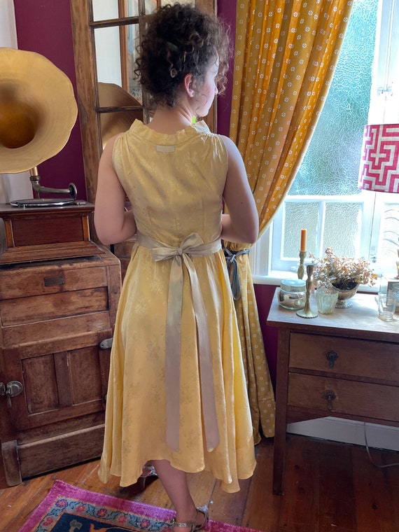butter yellow fit and flare dress Vintage Butter Yellow 1950's Satin Brocade Fit and Flare Dress Handmade