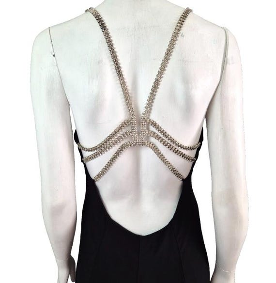 Vintage Y2K Dress Black Rhinestone Embellished Backless Evening Gown Stretch Jersey Size 10