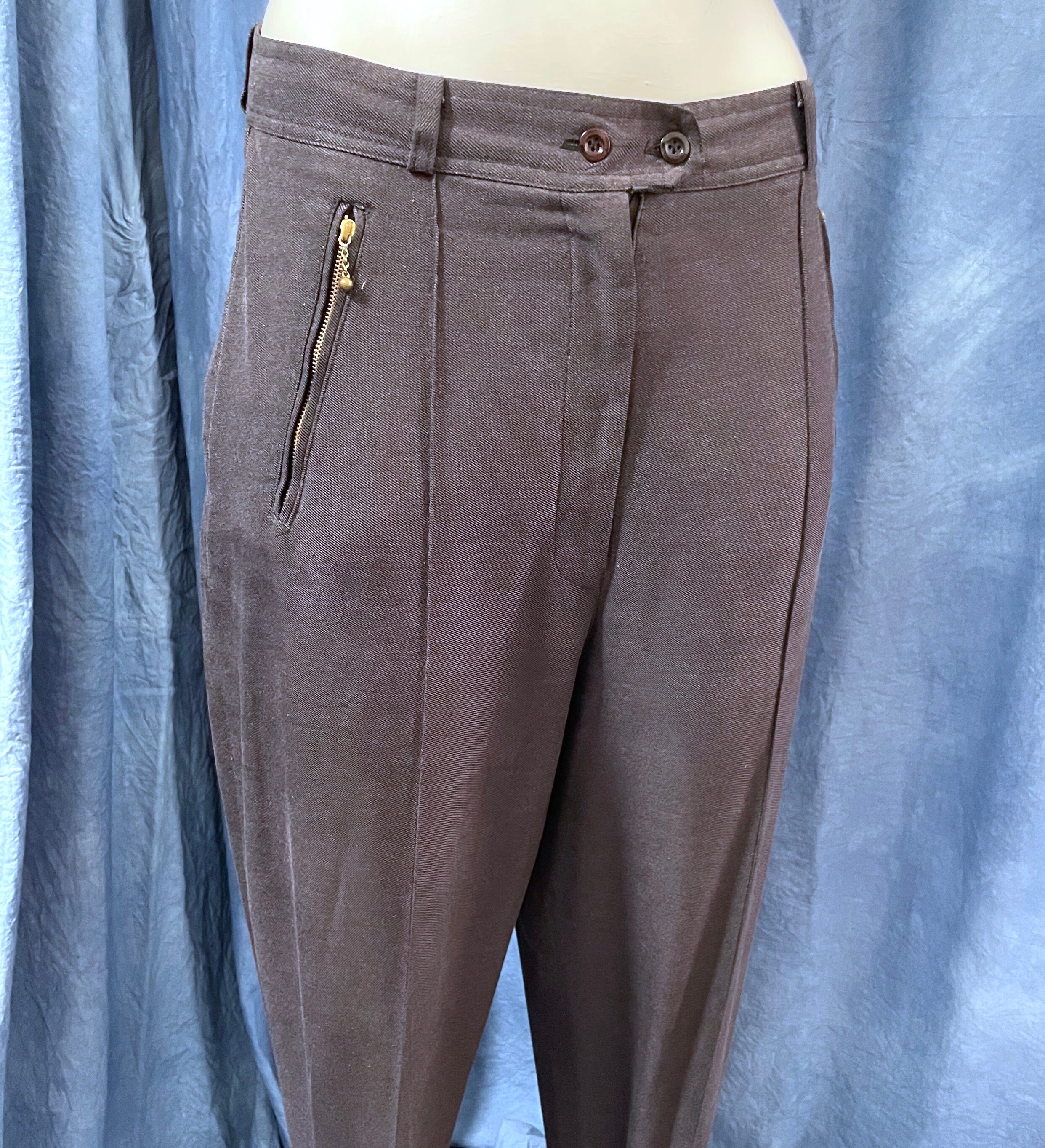 Vintage 1980's Stirrup Pants Zipped Pockets Brown Mid Rise