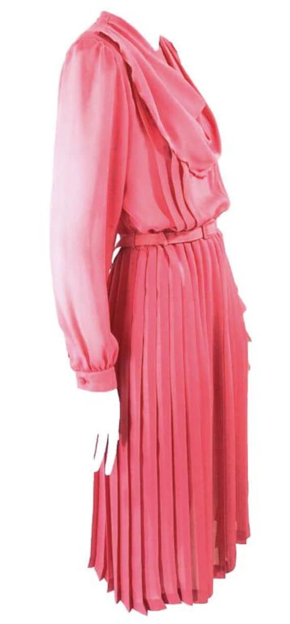 dark pink chiffon dress Vintage 1970's Dark Pink Chiffon Dress Belted Pleated Skirt Cowl Neck Size  14
