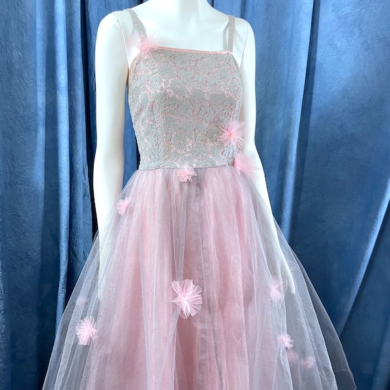 Vintage 1950's Dress Prom Fit And Flare pink And … - image 2