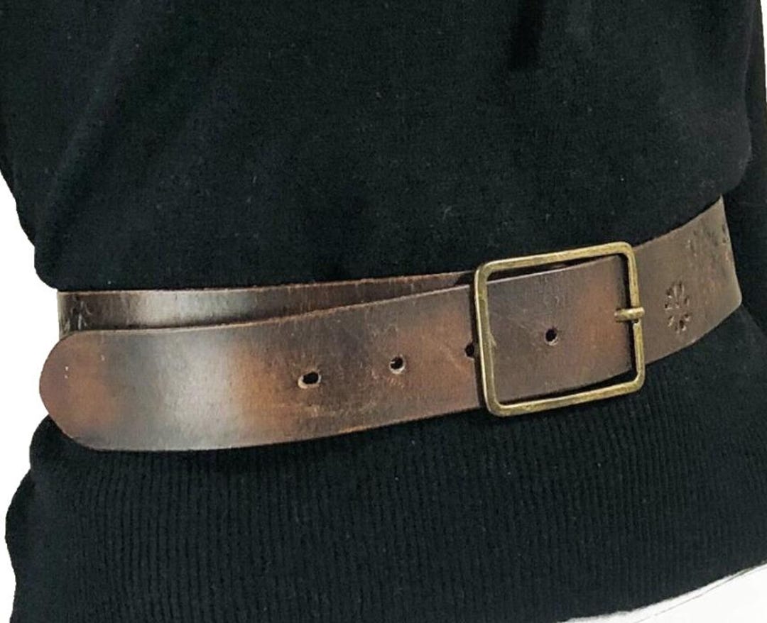 Women's Black Belt Wide Plaited Leather Waist 94cm Bronze Buckle
