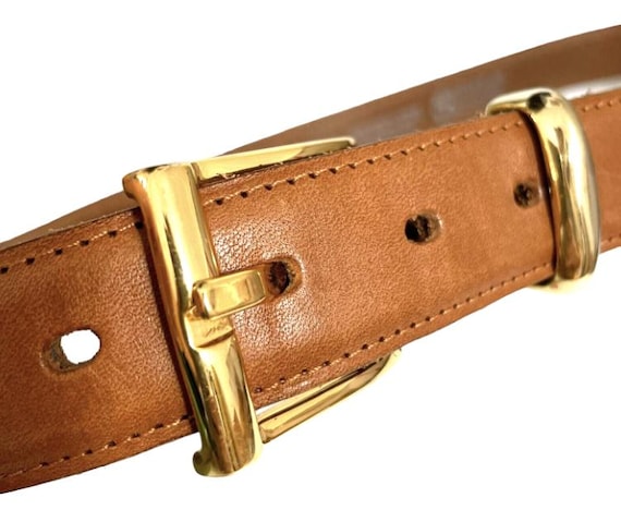 Italian Leather Gold Buckle Stitched Belt Peruzzi Stitched Leather Belt Brown Gold Brass Buckle Italy  main image 3