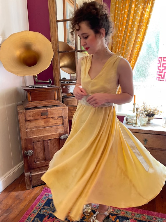 Vintage Butter Yellow 1950's Satin Brocade Fit and Flare Dress Handmade Vintage Butter Yellow 1950's Satin Brocade Fit and Flare Dress Handmade