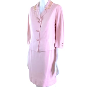 Vintage 1960s Pink Linen Cotton Two Piece Women&#39;s Suit Skirt & Jacket Size SW