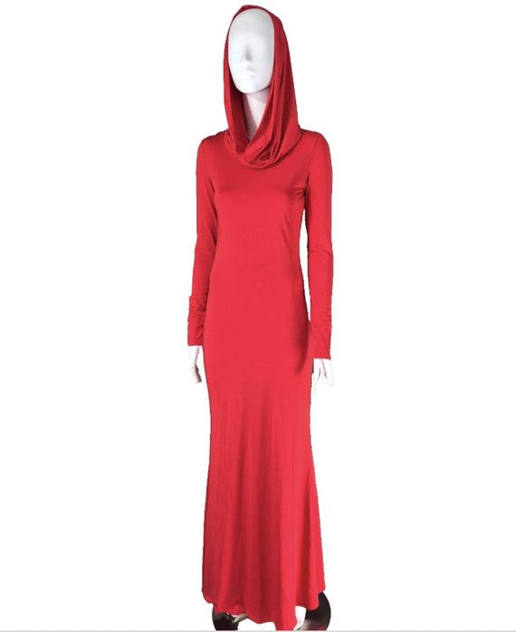 Red Dress Bodycon Stretch Hooded Long Sleeve Maxi Lycra Size 6-8 Y2k Gown