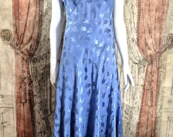 1930's Dress Vintage Maxi Bias Cut Satin Cornflower Blue Size 8 Antique Gown