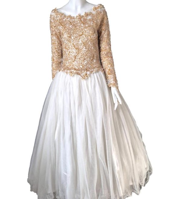 Vintage Wedding Dress Ball Gown Prom Tulle Ballet Skirt Gold