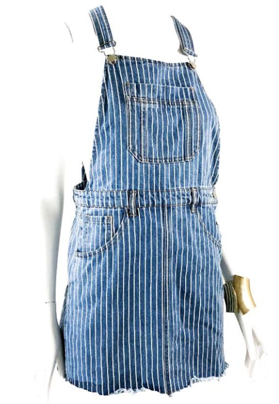 Vintage 1990's Faded Pin Strip Denim Bib Brace Mini Skirt