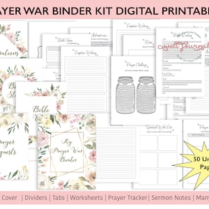 May include: A printable prayer war binder kit with 50 unique pages. The kit includes a binder cover, dividers, tabs, worksheets, a prayer tracker, sermon notes, and more. The pages feature a floral design with watercolor accents in shades of pink and yellow.