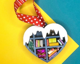 winter mini bookshelf ornament, bookcase gift for librarian, miniature books Christmas gift, beginner friendly laser svg, best selling craft
