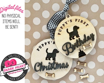 DIGITAL FILE, Dog's first Christmas, Puppy's first holiday svg file, Personalized dog ornament, first birthday laser cut file for Glowforge