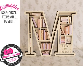 initial svg bookshelf ornament laser cut files for wood, grannycore gift for libriarian, letter M diy crafts for gifts, alphabet ornament