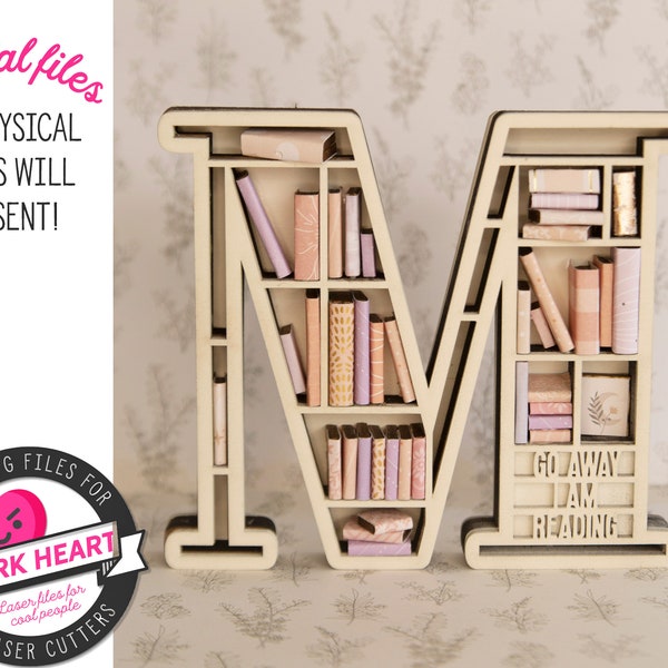 initial svg bookshelf ornament laser cut files for wood, grannycore gift for libriarian, letter M diy crafts for gifts, alphabet ornament