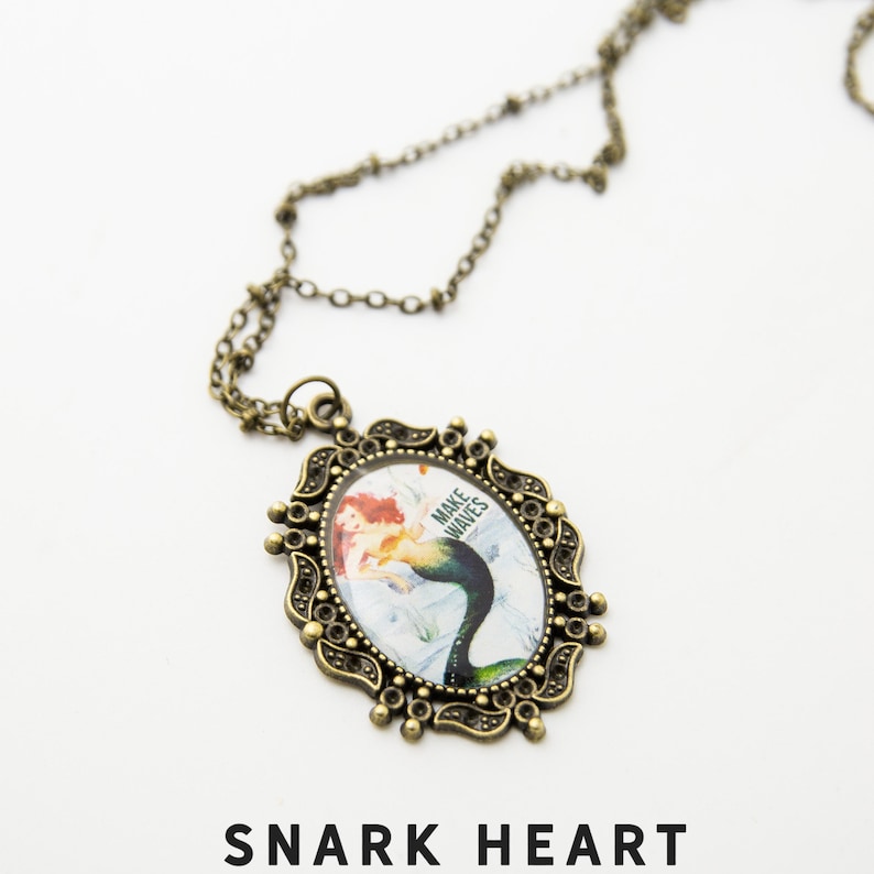 unique birthday gift snarky girls Mermaid Necklace make waves redhead siren oval brass charm