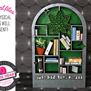 miniature bookshelf with herbs and bud gift for stoner, modern leaf decor SVG file for Glowforge, handmade gift for nature lover, blunt gift