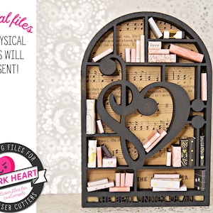 archivo de corte de estantería en miniatura para amantes de la música para láser glowforge, caja de mini libro de clave de bajo, regalo agudo para amante de los libros, archivo svg de profesor de música