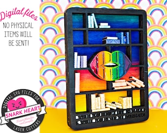 Gay Pride fancy rainbow lips bookshelf for glowforge laser, svg file for gay wedding gift, best gift for lesbian couple housewarming, kiss