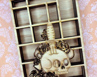 murder mystery mini bookshelf svg file for Glowforge, handmade diy gift for book lover, Mystery lover bookshelf, skull with dagger and roses